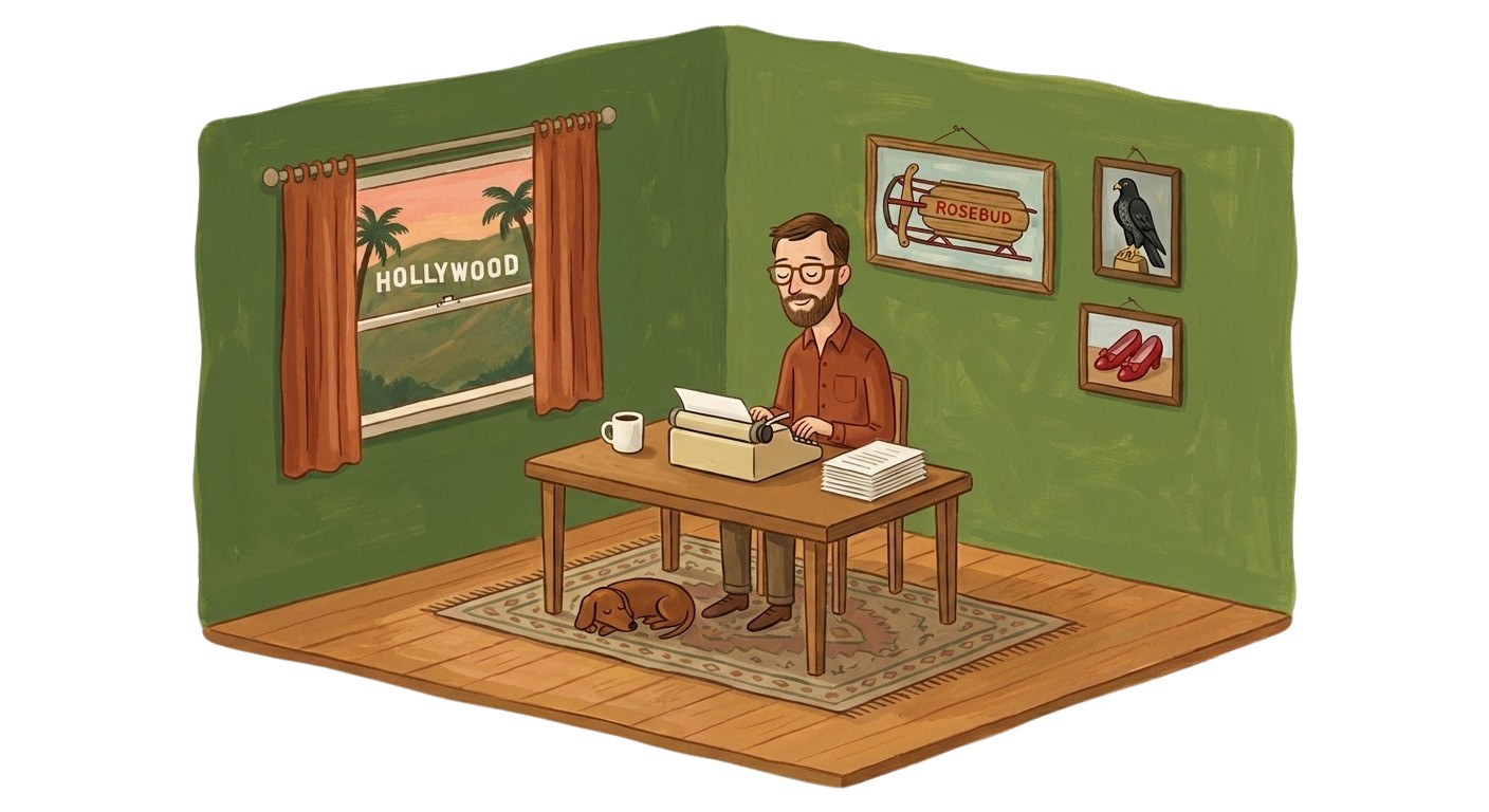 A hand-painted folk-art dollhouse room: a slim bearded writer in a rust button-down and brown glasses sits at a four-legged table typing on a cream typewriter with a content grin, a brown dachshund sleeping under the table on a patterned rug, rust curtains framing a window with the Hollywood sign and palm trees at dusk, and three framed paintings on the crocodile-green back wall — the Rosebud sled, the Maltese Falcon statue, and the Ruby Slippers.